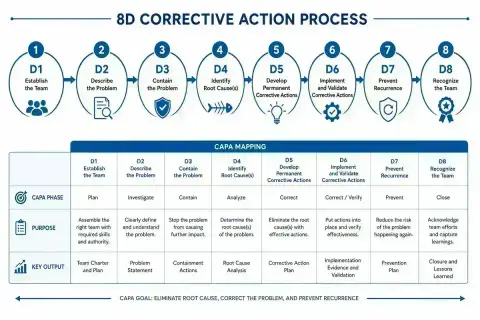 8D corrective and preventive action eight-step flow diagram