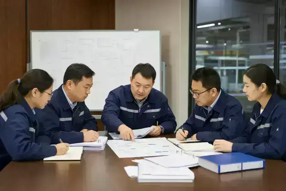 Chinese quality staff in factory work uniforms at documented system audit meeting